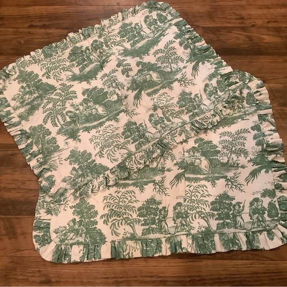 2 Pillow Shams Green Toile & Throw Pillow Glass Beaded Trim Custom Made Vintage - Picture 3 of 6